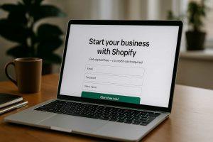 How to start your online business with Shopify a laptop on a desk showing the Shopify dashboard